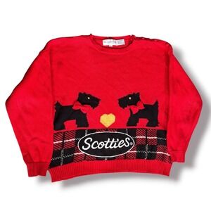 Vintage Scotties Dog Red Plaid Novelty Sweater 90s Preppy Heart 3D Bows Large